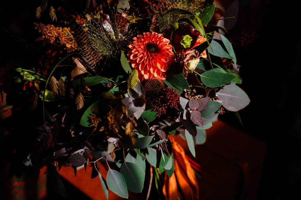 Bouquet Flowers Bride Bridal Orange Dahlia Feather Greenery Ribbon Great John Street Hotel Wedding About Today Photography