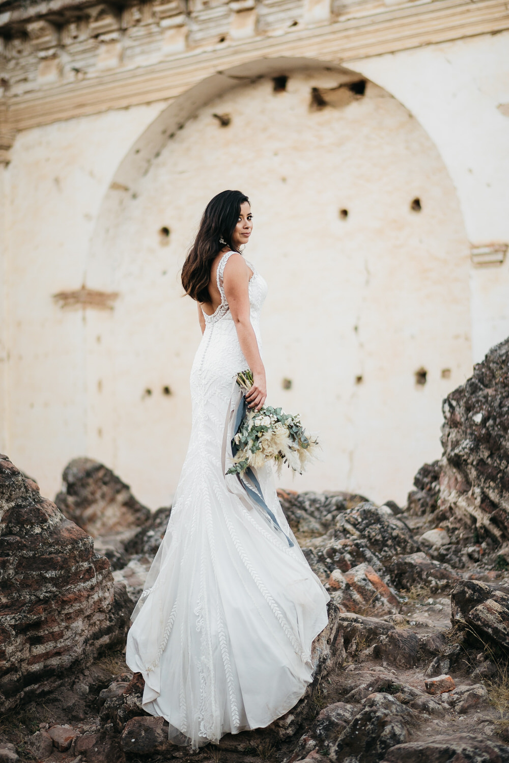 Dress Gown Bride Bridal Lillian West Lace Train Guatemala Wedding Daniel Lopez Perez Photography