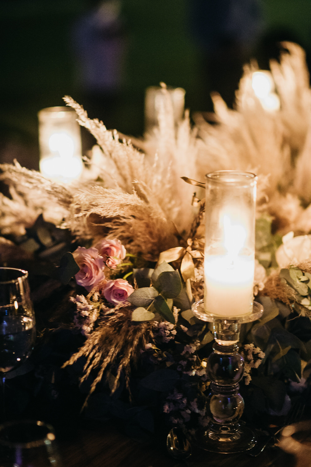 Centrepiece Decor Flowers Pampas Grass Greenery Candles Guatemala Wedding Daniel Lopez Perez Photography