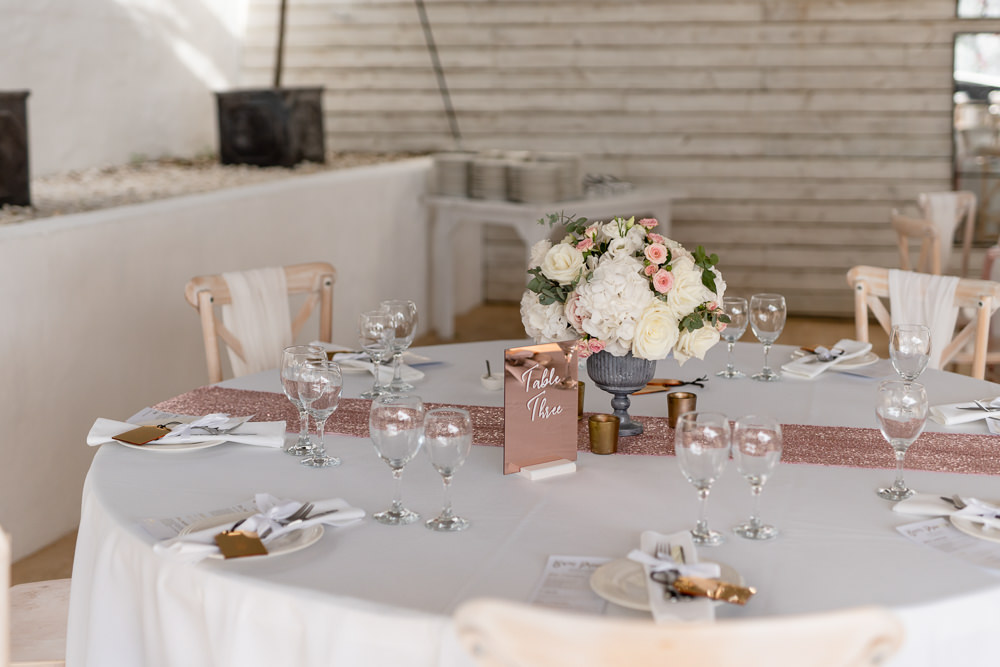 Round Tables Rose Gold Sequin Runners Pink Flowers Ibiza Destination Wedding David Christopher Photography