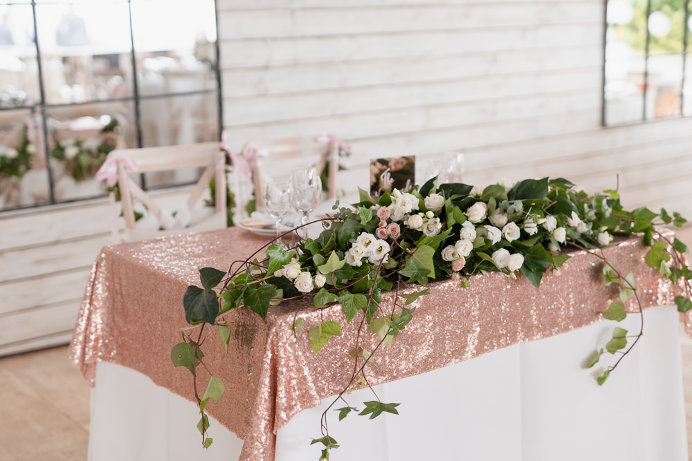 Top Table Rose Gold Sequin Runners Pink Flowers Ibiza Destination Wedding David Christopher Photography