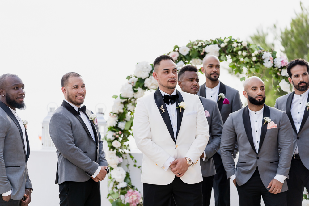 Groom Groomsmen Suits Tux Tuxedo Bow Tie Ibiza Destination Wedding David Christopher Photography
