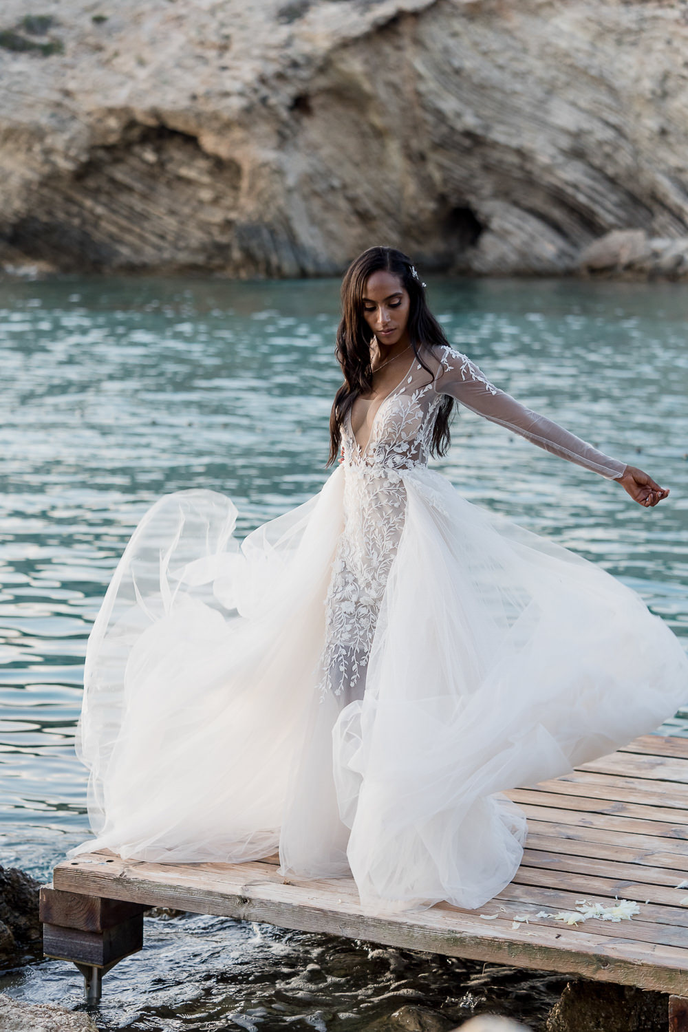 Dress Gown Bride Bridal Berta Tulle Lace Illusion Long Sleeves Ibiza Destination Wedding David Christopher Photography