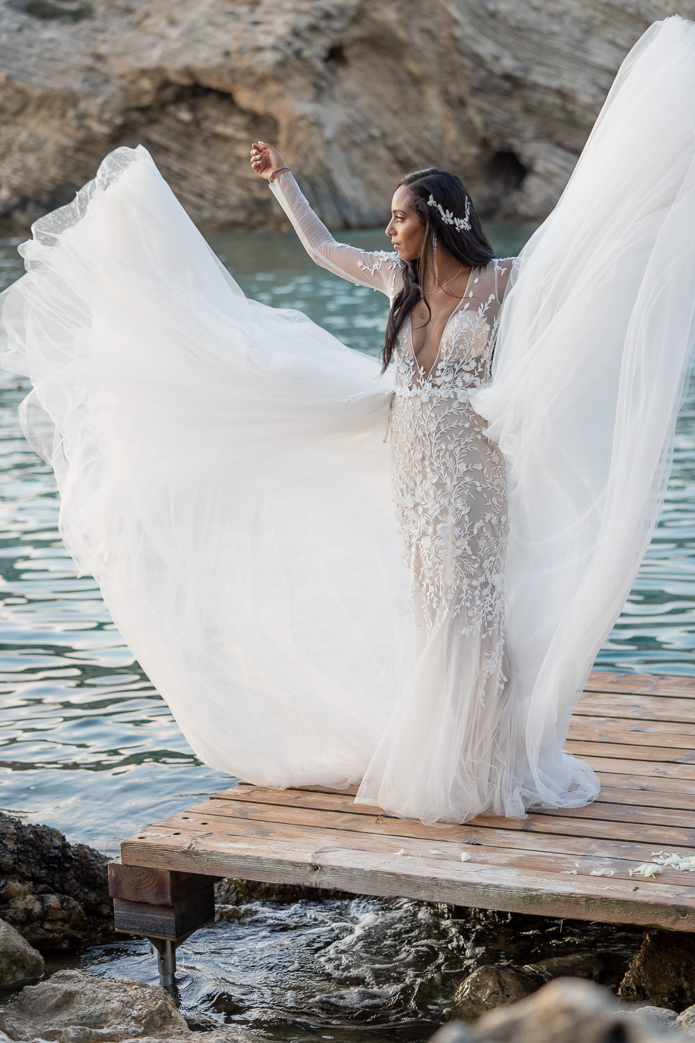 Dress Gown Bride Bridal Berta Tulle Lace Illusion Long Sleeves Ibiza Destination Wedding David Christopher Photography