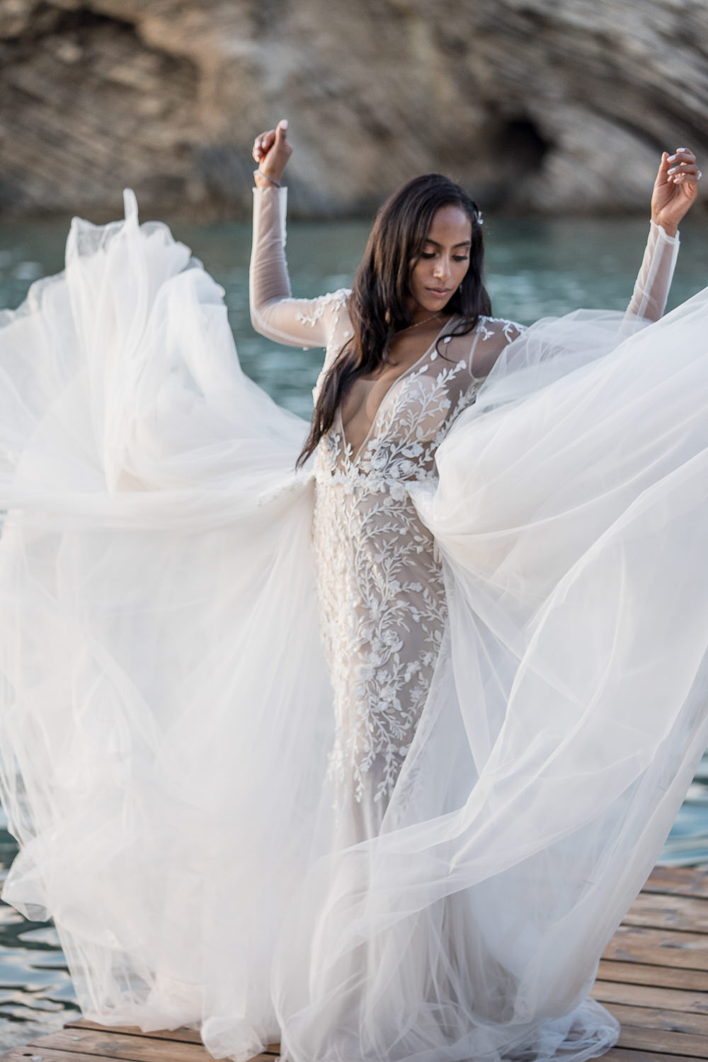 Dress Gown Bride Bridal Berta Tulle Lace Illusion Long Sleeves Ibiza Destination Wedding David Christopher Photography