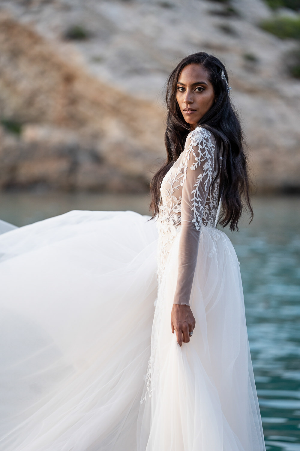 Dress Gown Bride Bridal Berta Tulle Lace Illusion Long Sleeves Ibiza Destination Wedding David Christopher Photography