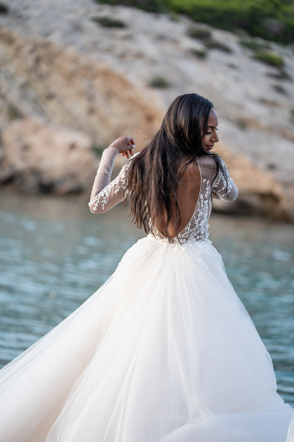 Dress Gown Bride Bridal Berta Tulle Lace Illusion Long Sleeves Ibiza Destination Wedding David Christopher Photography