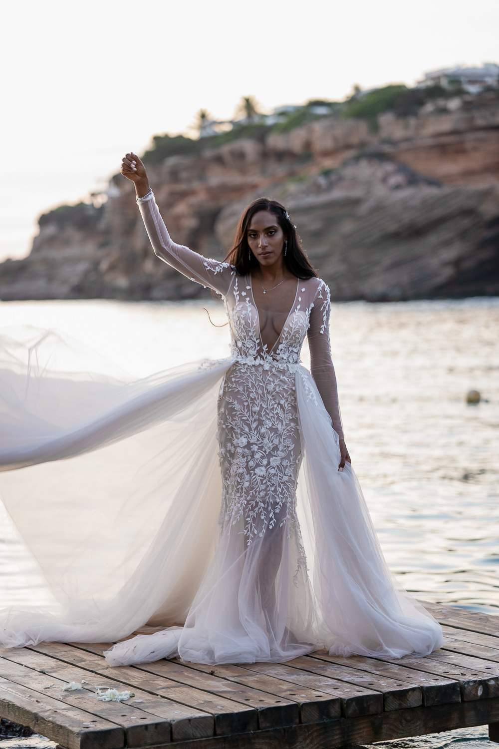 Dress Gown Bride Bridal Berta Tulle Lace Illusion Long Sleeves Ibiza Destination Wedding David Christopher Photography