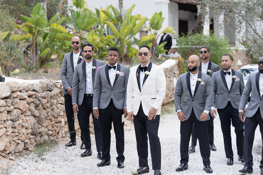 Groom Groomsmen Suits Tux Tuxedo Bow Tie Ibiza Destination Wedding David Christopher Photography