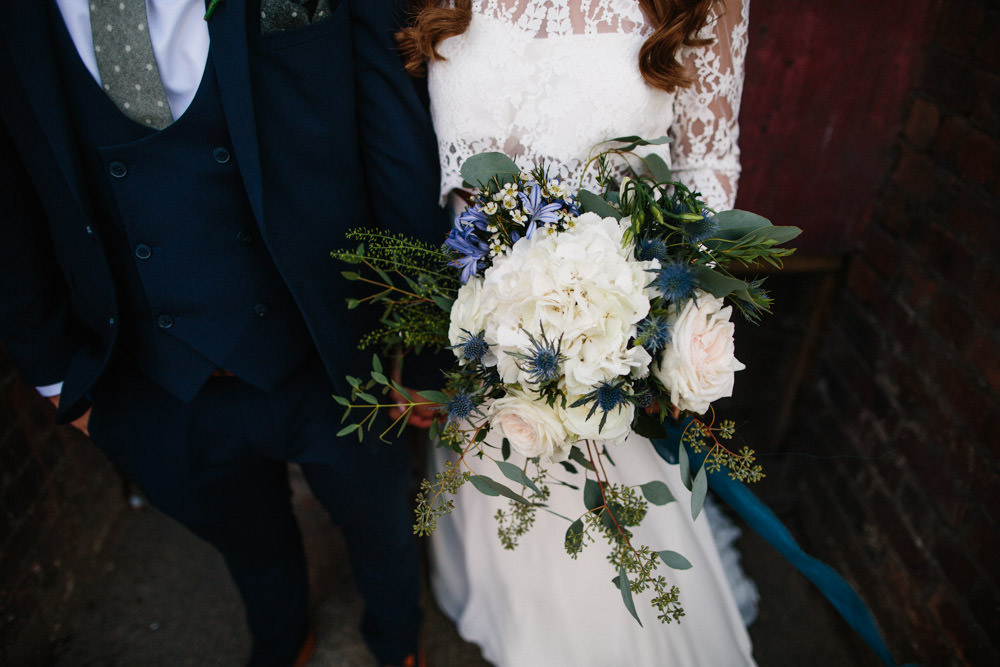 Bouquet Flowers Bride Bridal White Blue Hydrangea Thistle Indie Warehouse Wedding Dan Hough Photo