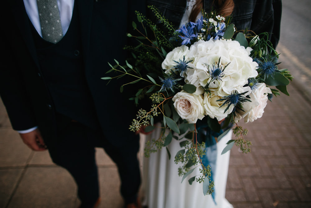 Bouquet Flowers Bride Bridal White Blue Hydrangea Thistle Indie Warehouse Wedding Dan Hough Photo