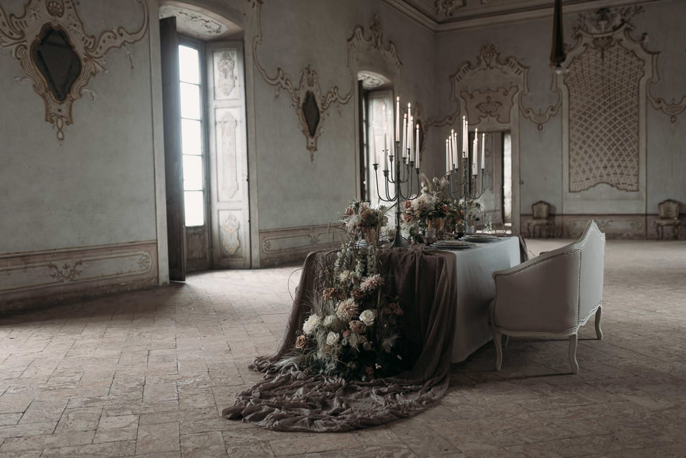 Table Candle Sticks Flowers Meadow Flowers Silk Opulent Tablescape Italy Elopement Ideas Gradisca Portento Fotografica