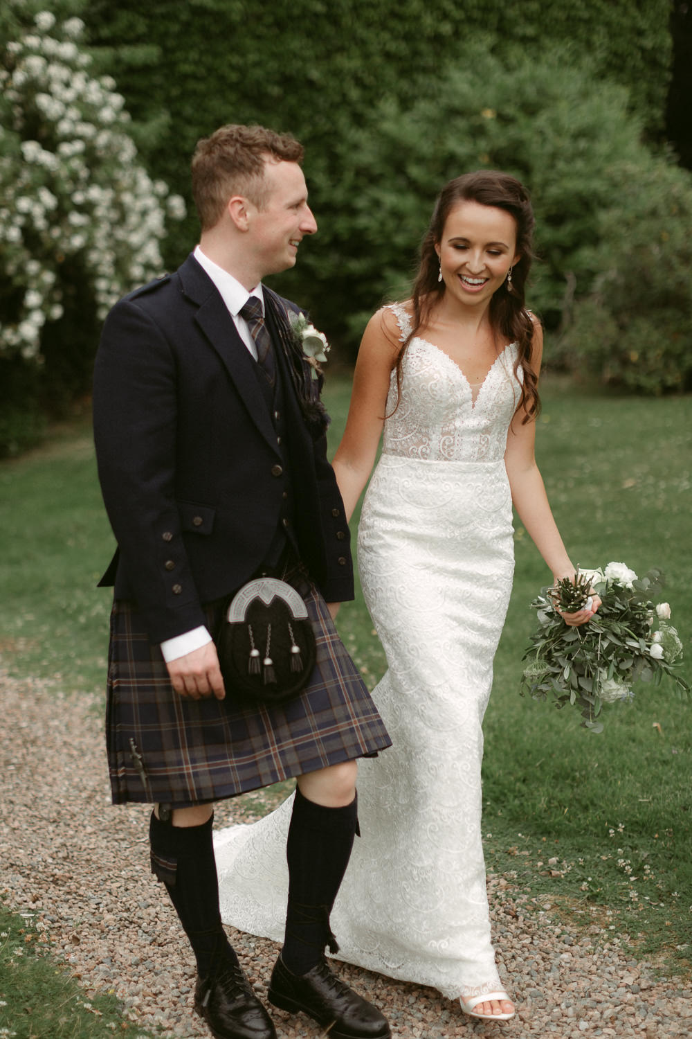 Groom Groomsmen Kilts Bride Bridal Dress Gown Tara Lauren Straps Ivory Pavilion Wedding Iain Irwin Photography