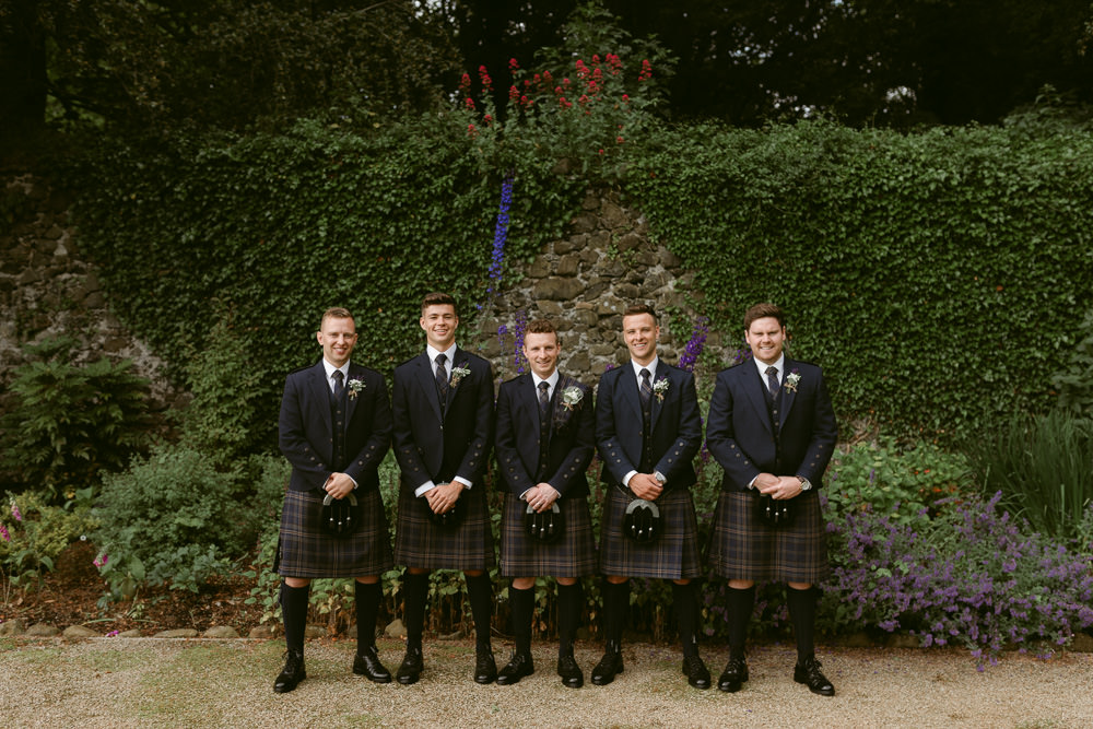 Groom Groomsmen Kilts Ivory Pavilion Wedding Iain Irwin Photography