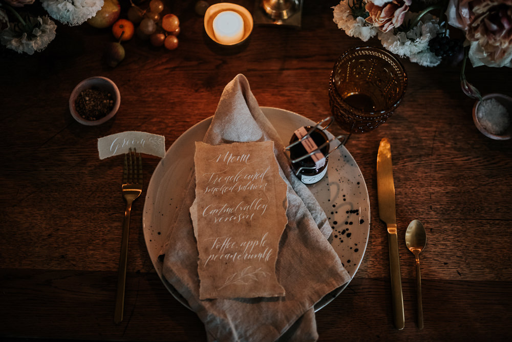 Place Setting Decor Menu Napkin Lake District Elopement Jenny Appleton Photography