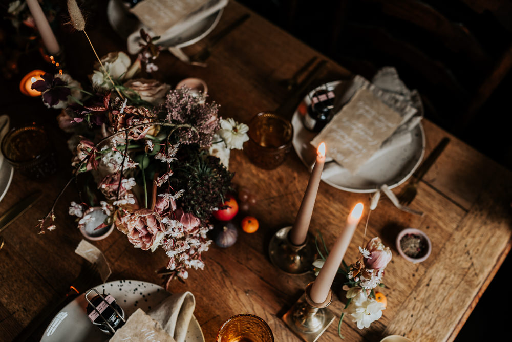 Table Tablescape Candles Flowers Rustic Cosy Lake District Elopement Jenny Appleton Photography