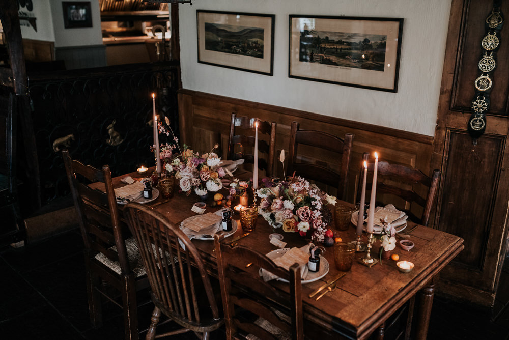 Table Tablescape Candles Flowers Rustic Cosy Lake District Elopement Jenny Appleton Photography