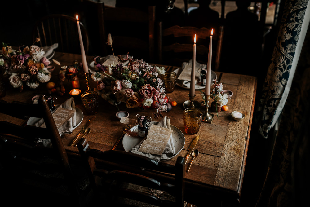 Table Tablescape Candles Flowers Rustic Cosy Lake District Elopement Jenny Appleton Photography