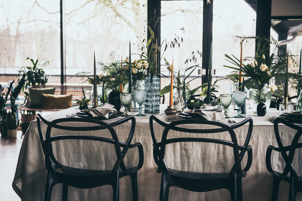 Table Tablescape Decor Greenery Foliage Black Tableware Candles Glasses Modern Wedding Ideas Cat Arwel Photography