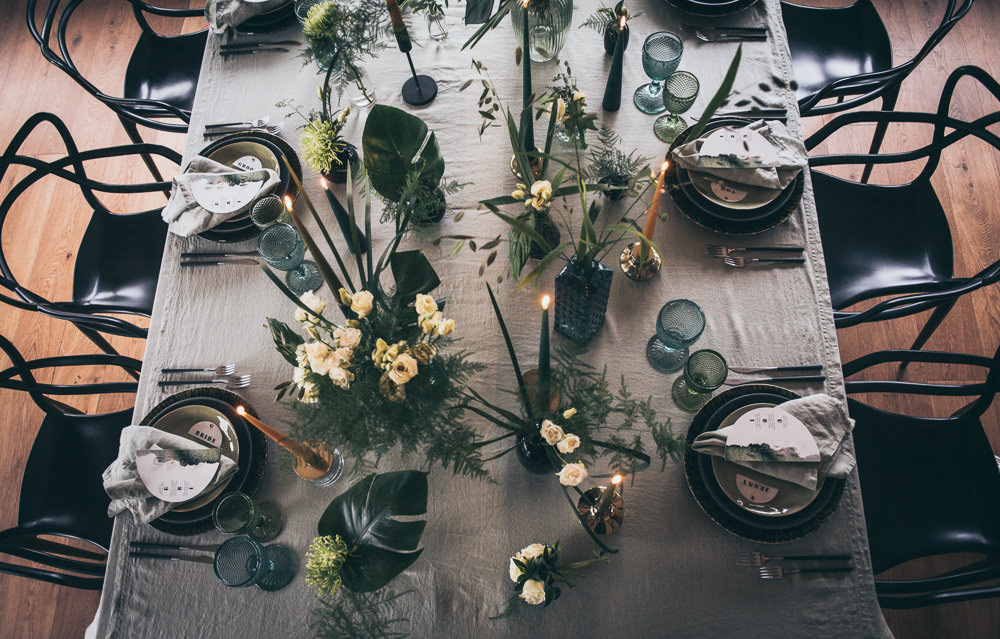 Table Tablescape Decor Greenery Foliage Black Tableware Candles Glasses Modern Wedding Ideas Cat Arwel Photography