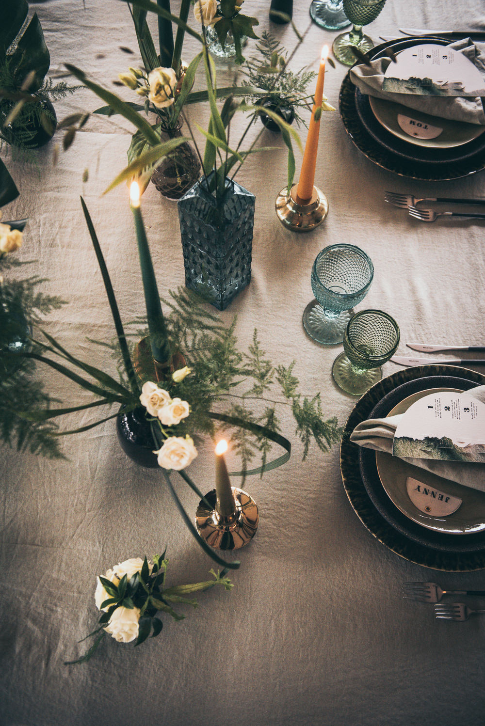Table Tablescape Decor Greenery Foliage Black Tableware Candles Glasses Modern Wedding Ideas Cat Arwel Photography