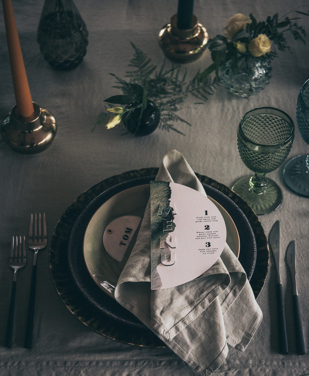 Table Tablescape Decor Greenery Foliage Black Tableware Candles Glasses Modern Wedding Ideas Cat Arwel Photography
