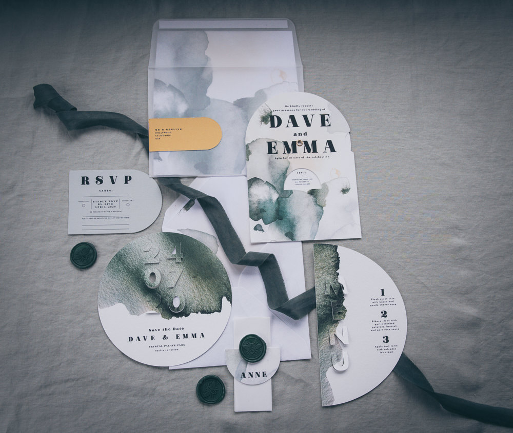 Stationery Invites Invitations Watercolour Green Grey Modern Wedding Ideas Cat Arwel Photography