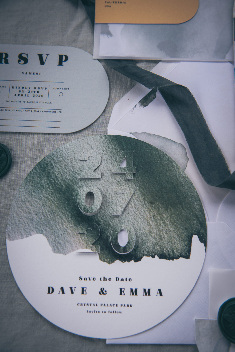 Stationery Invites Invitations Watercolour Green Grey Modern Wedding Ideas Cat Arwel Photography