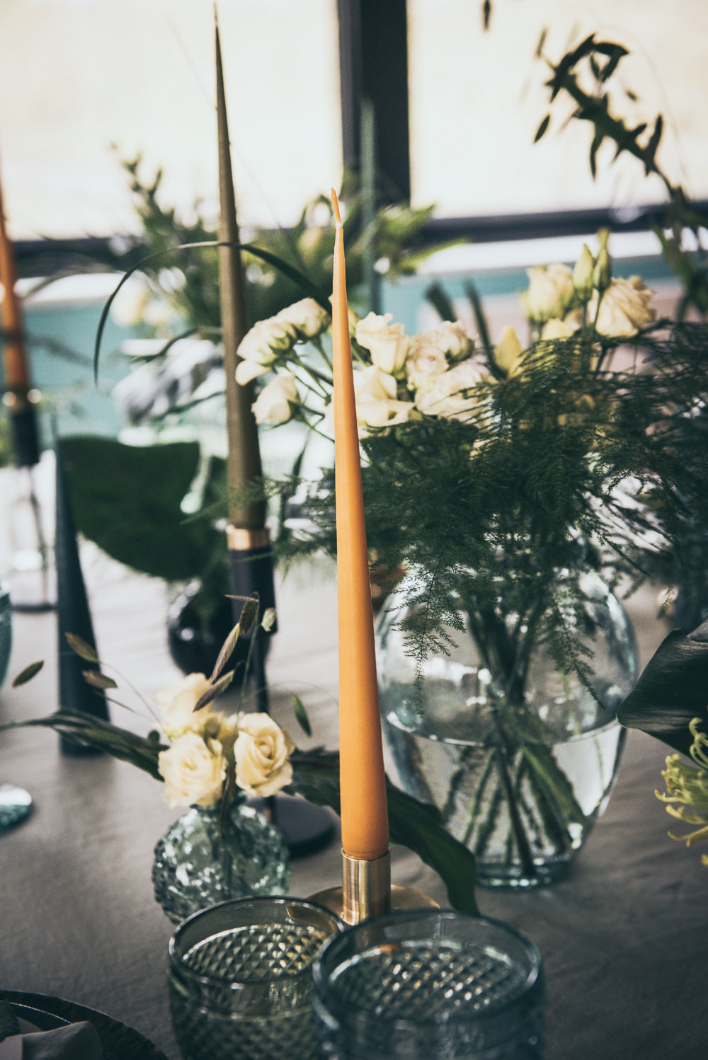Table Tablescape Decor Greenery Foliage Black Tableware Candles Glasses Modern Wedding Ideas Cat Arwel Photography