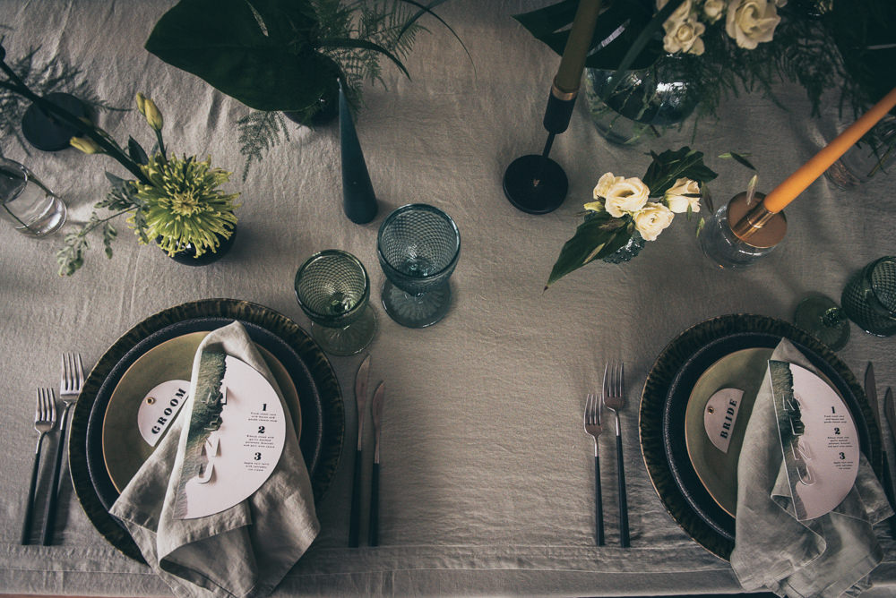 Table Tablescape Decor Greenery Foliage Black Tableware Candles Glasses Modern Wedding Ideas Cat Arwel Photography