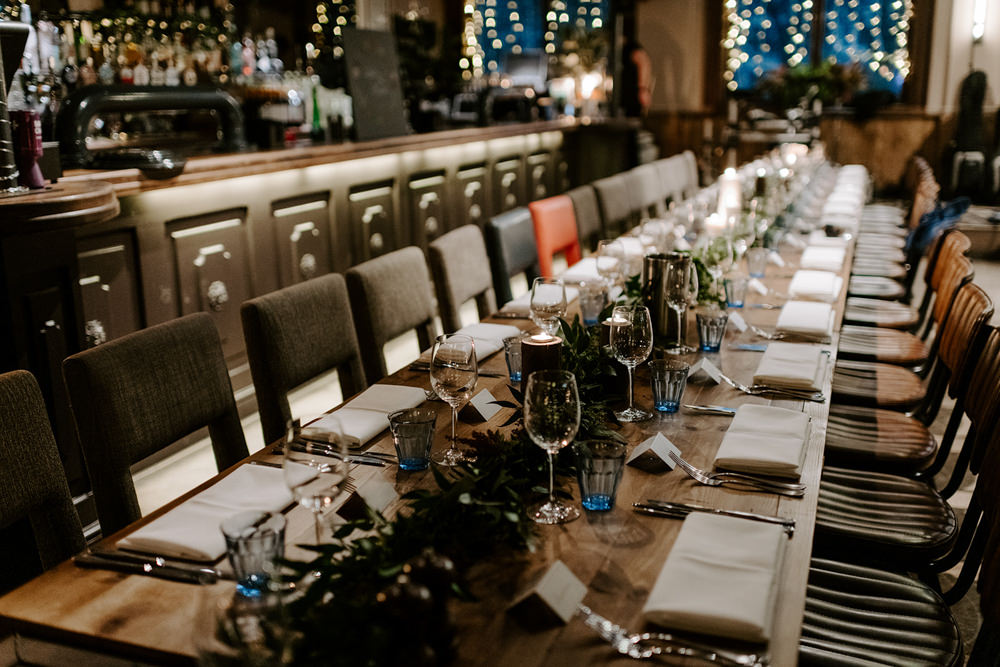 Long Table Greenery Foliage Candles Runner NYE Wedding Ellie Gillard Photography
