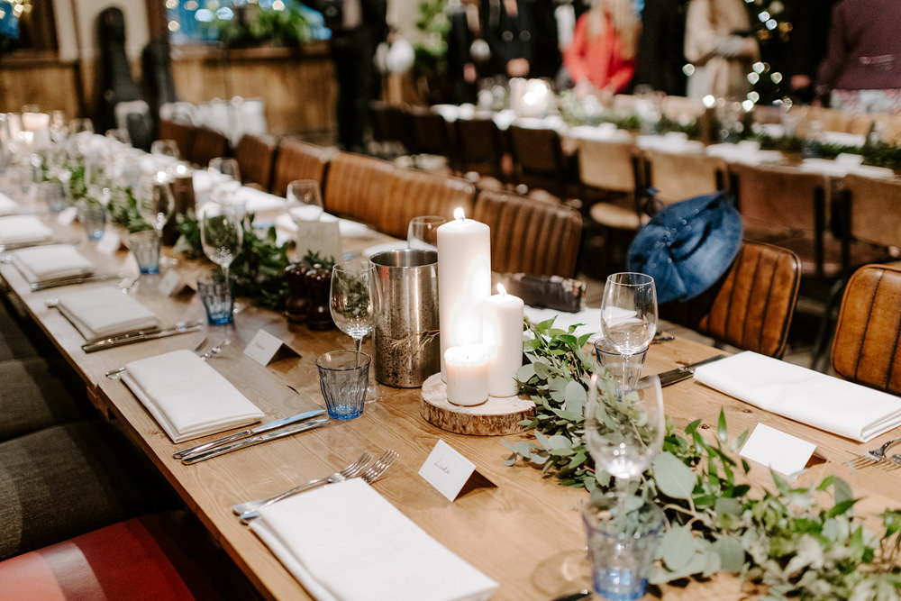Long Table Greenery Foliage Candles Runner NYE Wedding Ellie Gillard Photography