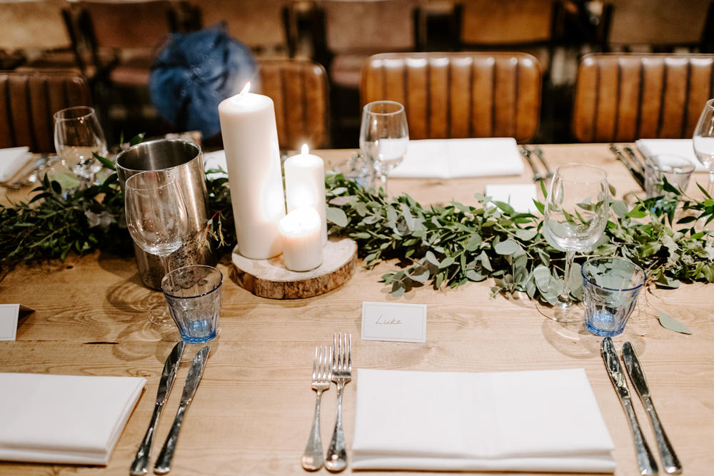 Long Table Greenery Foliage Candles Runner NYE Wedding Ellie Gillard Photography