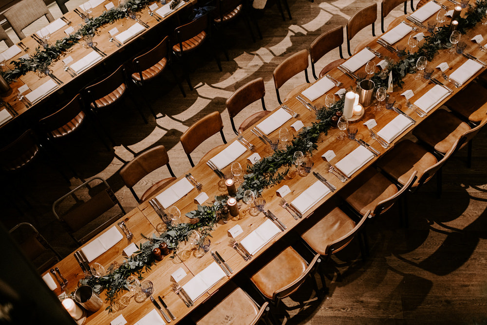 Long Table Greenery Foliage Candles Runner NYE Wedding Ellie Gillard Photography