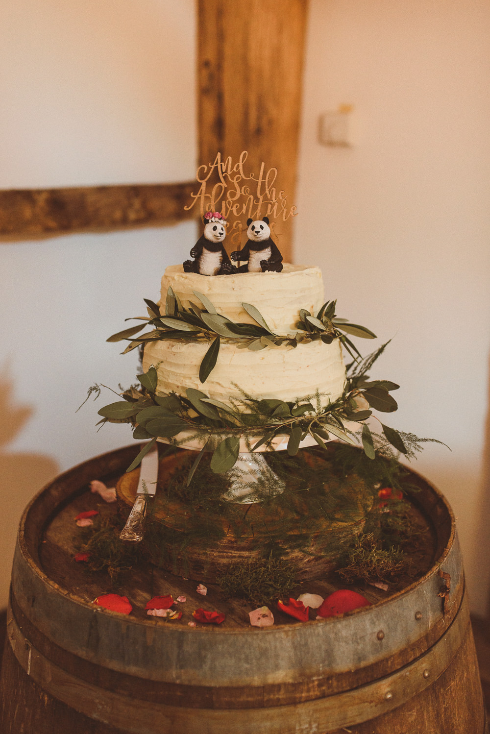 Buttercream Cake Greenery Foliae Panda Topper Old Greens Barn Wedding Matt Penberthy Photography
