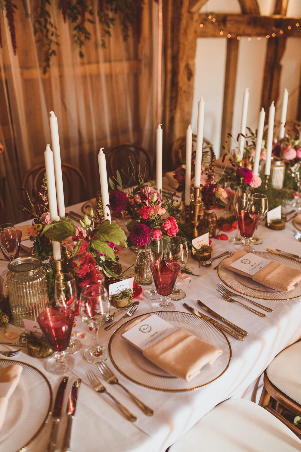 Table Flowers Decor Candles Autumn Old Greens Barn Wedding Matt Penberthy Photography