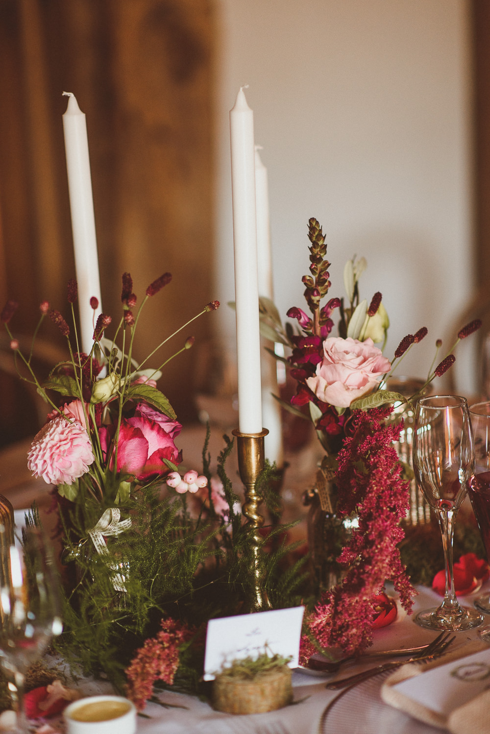 Table Flowers Decor Candles Autumn Old Greens Barn Wedding Matt Penberthy Photography
