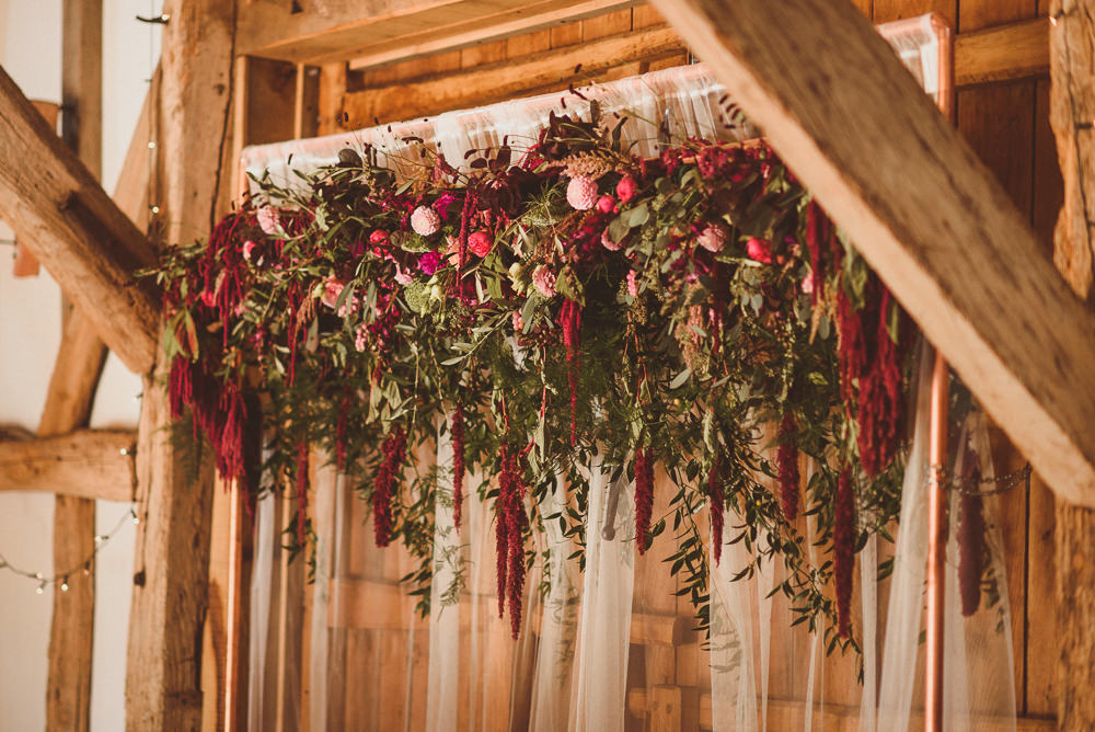 Top Table Flower Backdrop Autumn Old Greens Barn Wedding Matt Penberthy Photography