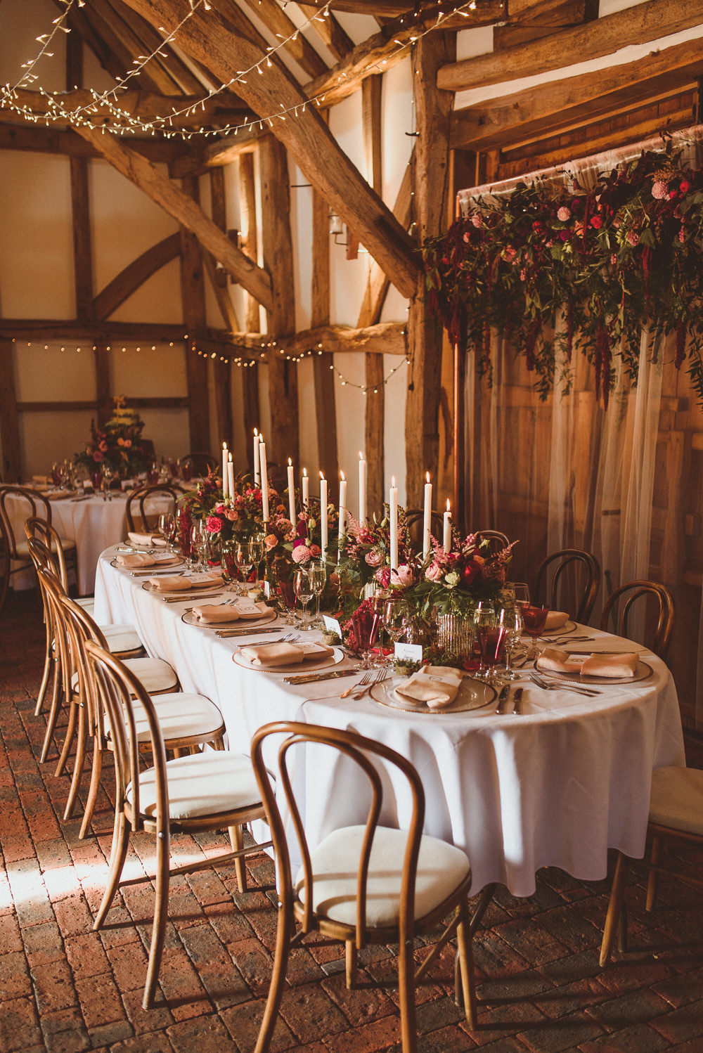 Top Table Flower Backdrop Autumn Candles Old Greens Barn Wedding Matt Penberthy Photography
