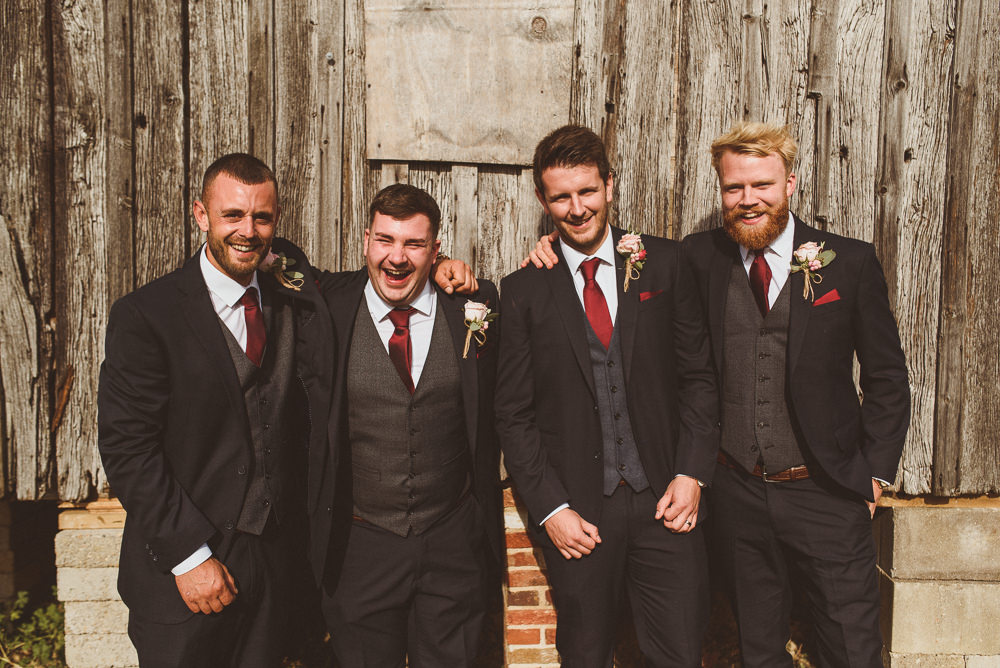 Groom Groomsmen Suit Waistcoat Red Tie Old Greens Barn Wedding Matt Penberthy Photography