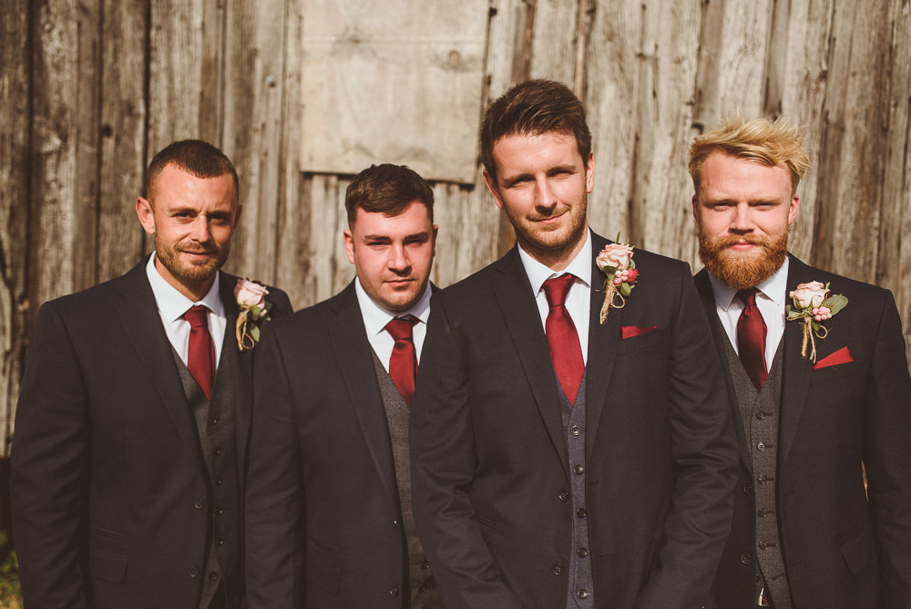 Groom Groomsmen Suit Waistcoat Red Tie Old Greens Barn Wedding Matt Penberthy Photography