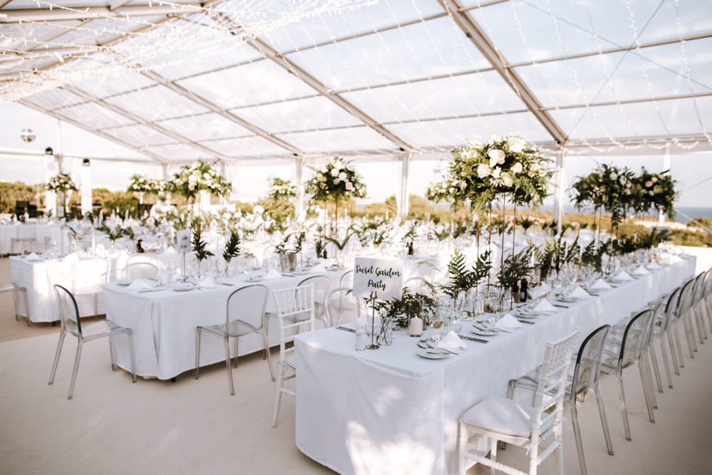 Clear Marquee Decor Long Tables Greenery Foliage Ghost Chairs Portugal Destination Wedding The Lovers Imagery