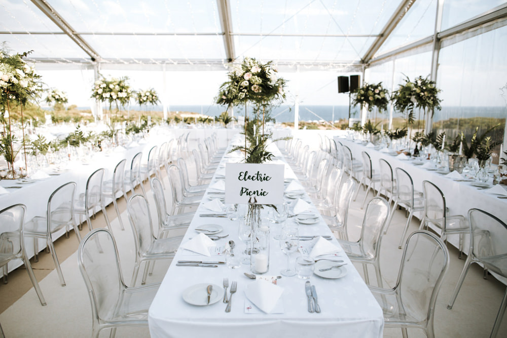 Clear Marquee Decor Long Tables Greenery Foliage Ghost Chairs Portugal Destination Wedding The Lovers Imagery