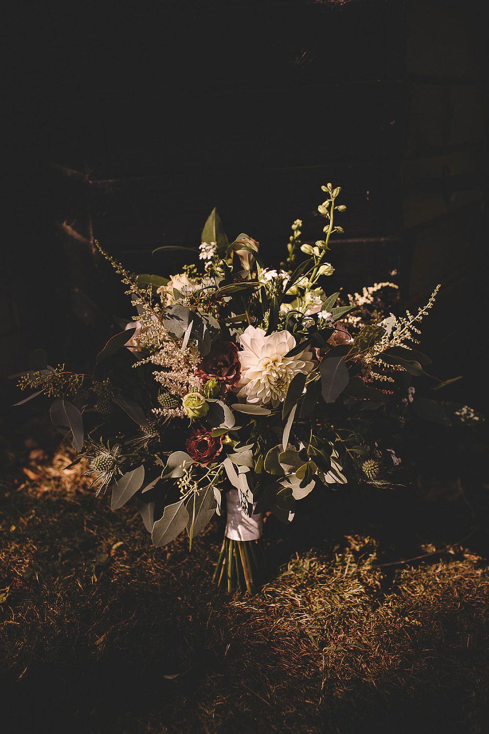 Bouquet Flowers Bride Bridal Dahlia Astilbe Eucalyptus Suffolk Barn Wedding Carrie Lavers Photography
