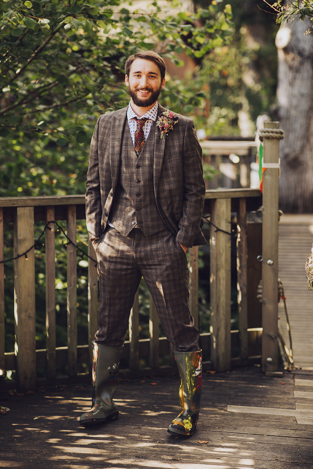 Groom Brown Suit Bug Shirt Wellies Treehouse Wedding Honeydew Moments
