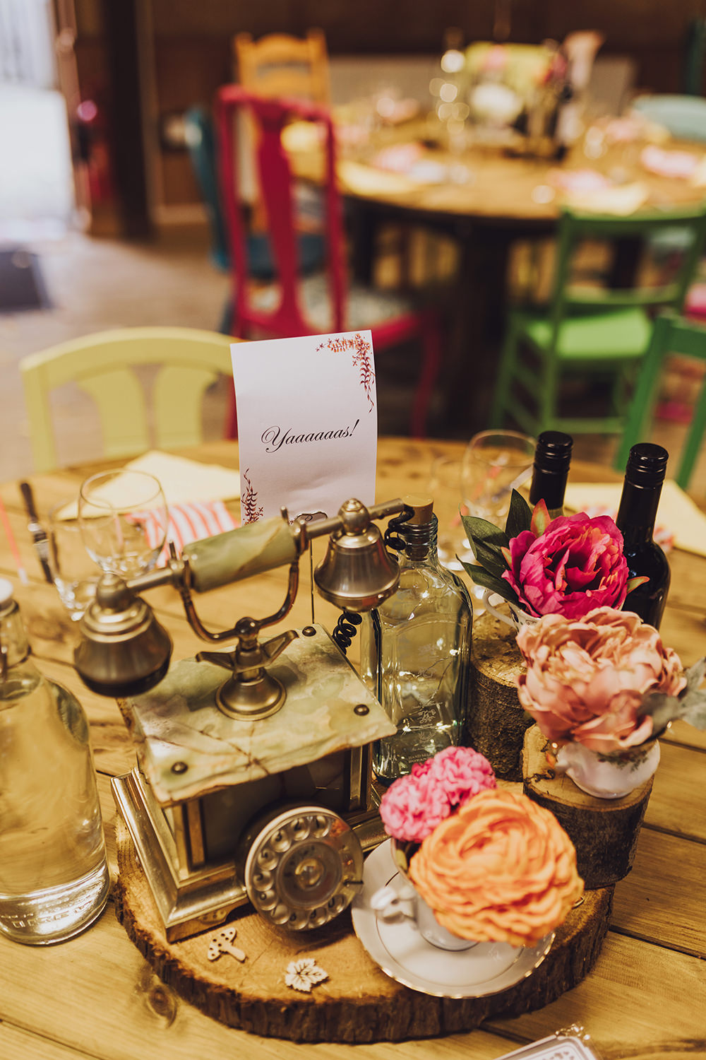 Centrepiece Flowers Log Slice Telephone Treehouse Wedding Honeydew Moments