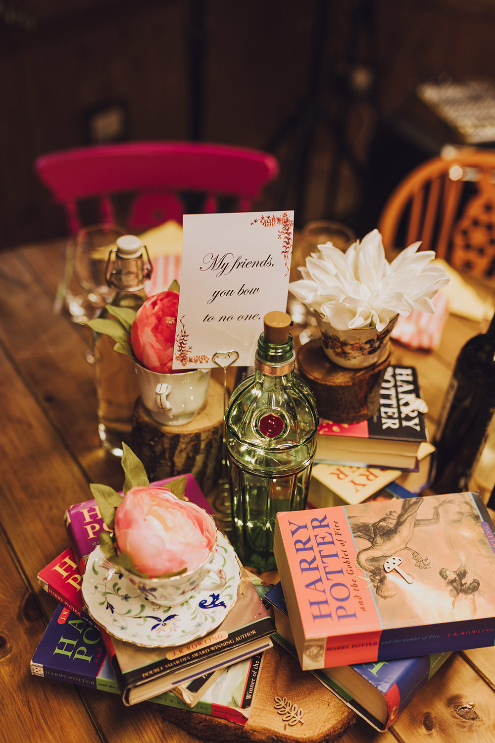 Centrepiece Flowers Log Slice Books Harry Potter Treehouse Wedding Honeydew Moments