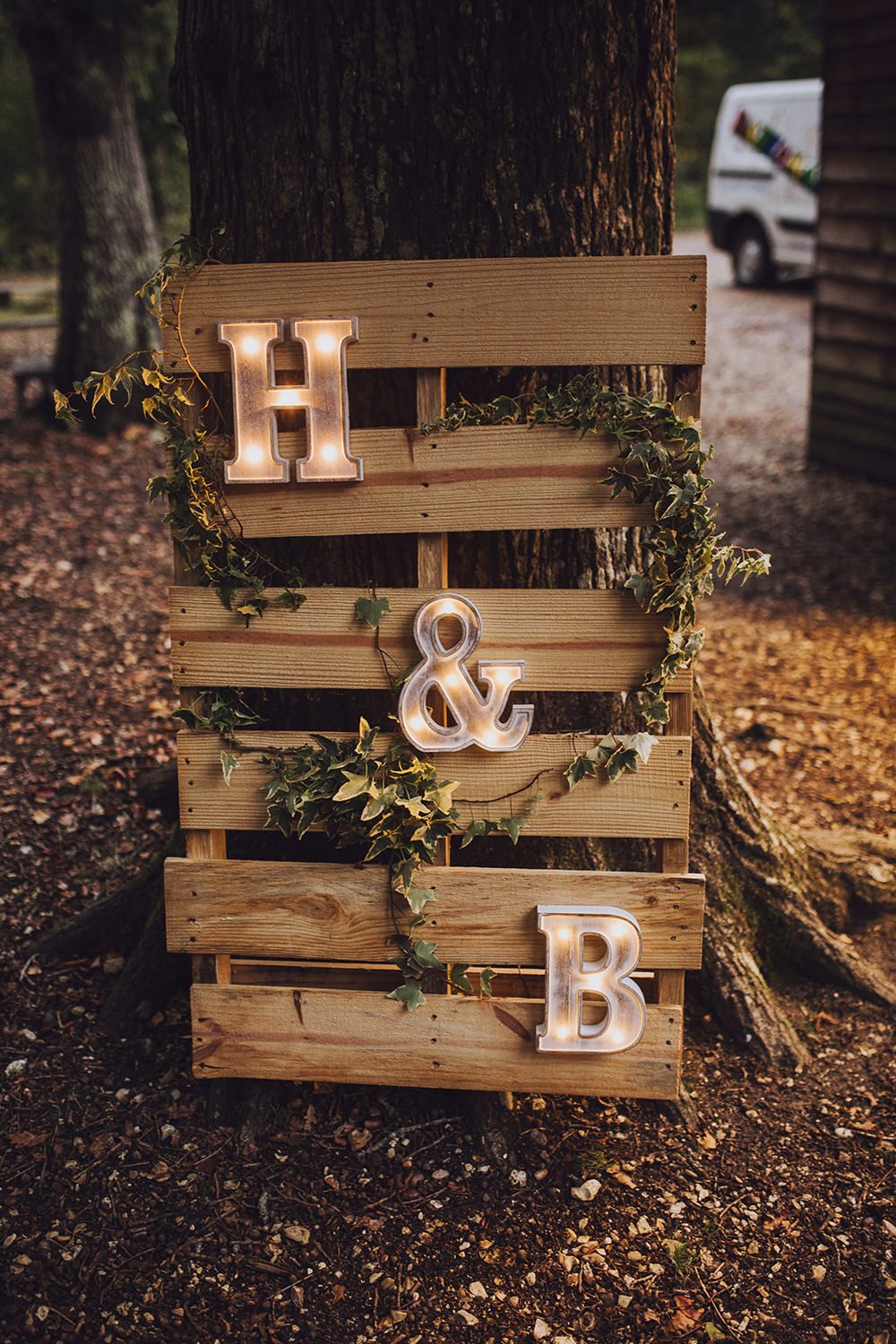 Wooden Pallet Sign Lights Letters Treehouse Wedding Honeydew Moments