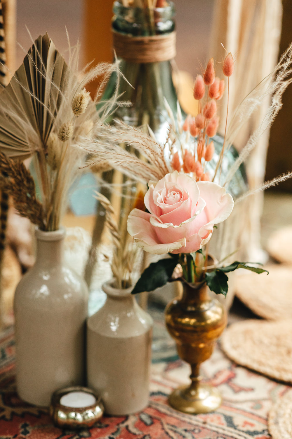 Bottle Flowers Rose Pampas Grass Bohemian Elopement Kirsty Mackenzie Photography