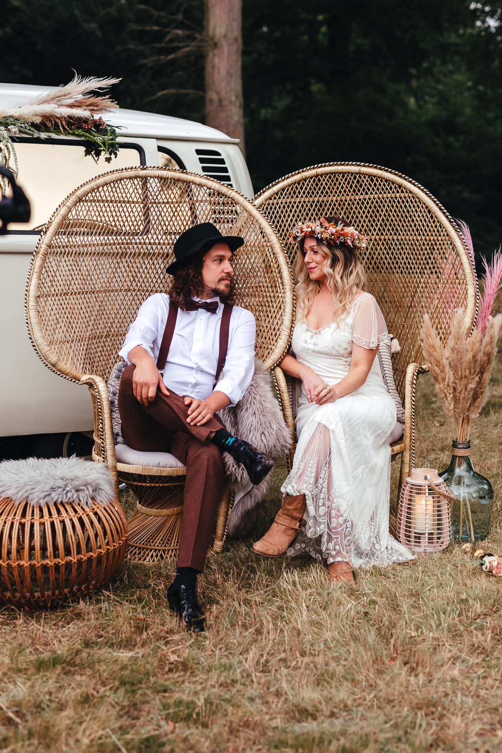 Peacock Chairs Bride Groom Bohemian Elopement Kirsty Mackenzie Photography